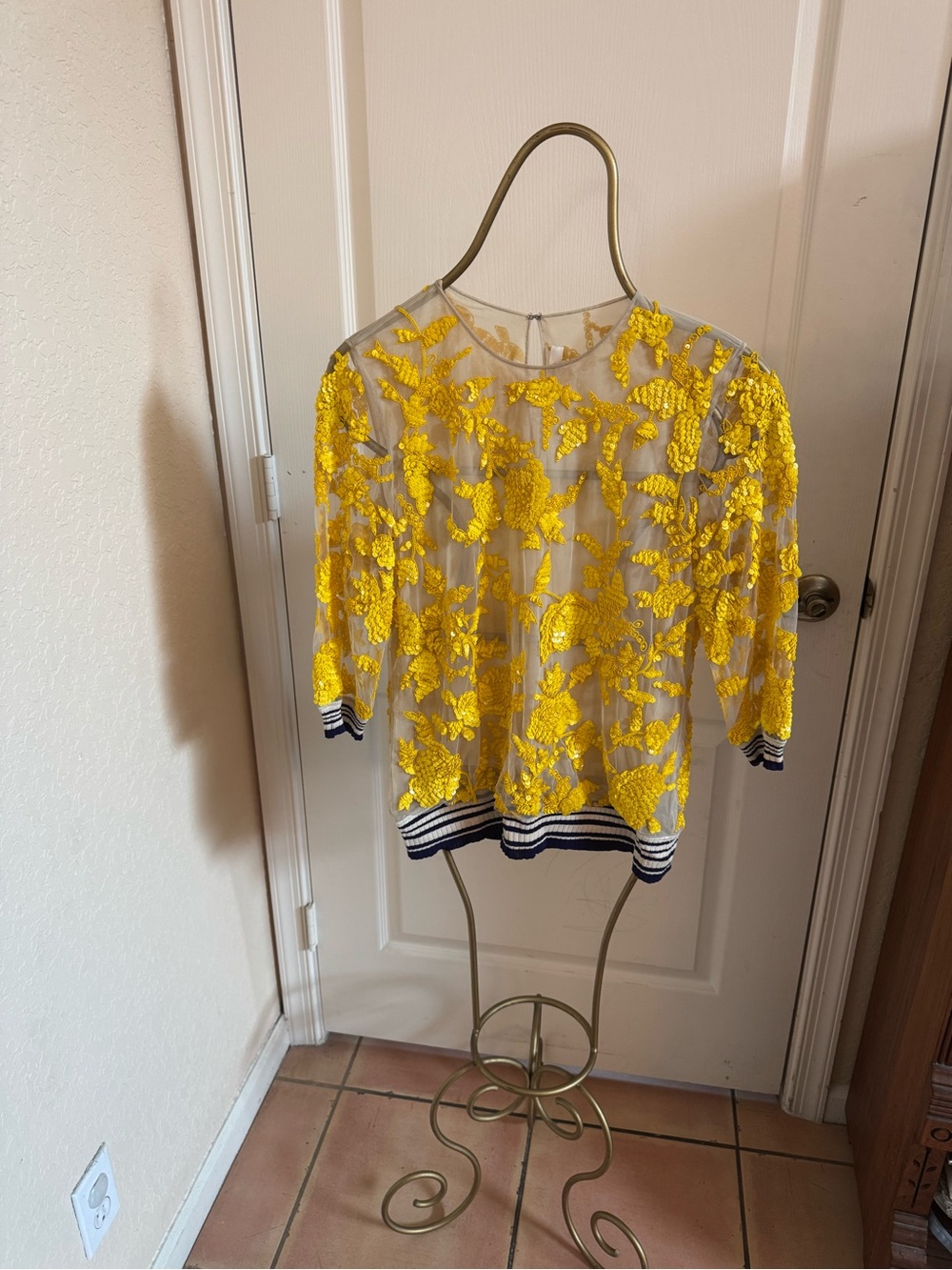 Nakeem Khan Yellow Floral Sequin Silk Top